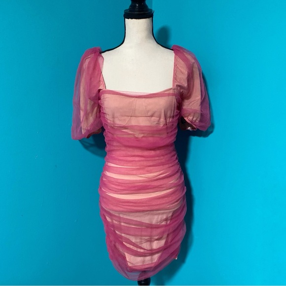 NWT Missguided 10 Pink Neon Mesh Ruched Puff Sleeve Mini Dress Party - Picture 1 of 7